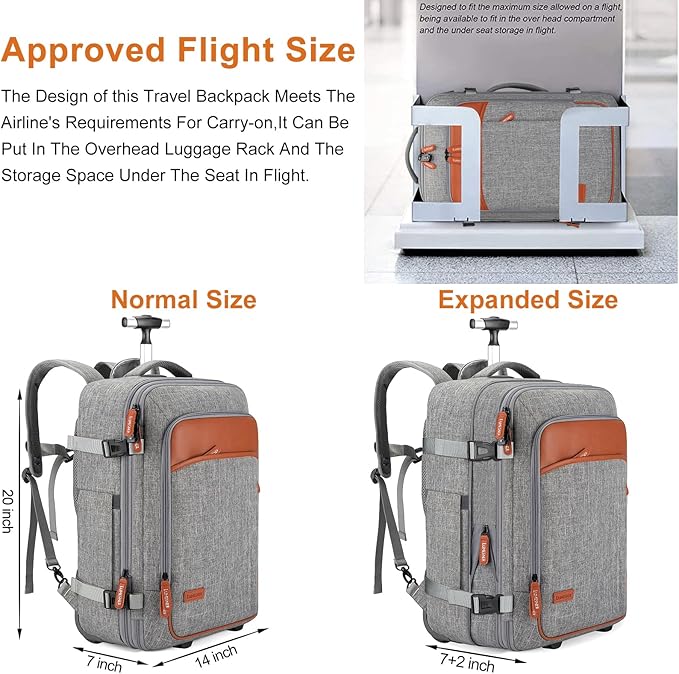 Rolling Backpack for Men and Women, Extra Large 42L Travel Backpack with Wheels, 17.3 Inch Carry-On Laptop Backpack with 4 packing cubes for Business and Work, Large Capacity Rolling Bag(Grey)