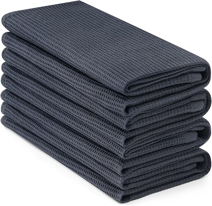 Homaxy 100% Cotton Waffle Weave Kitchen Towels - 4 Pack Soft and Absorbent Dish Towels - 16 x 26 Inches Quick Dry Hand Towels - Dark Grey