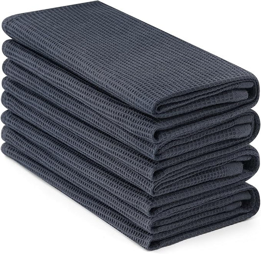 Homaxy 100% Cotton Waffle Weave Kitchen Towels - 4 Pack Soft and Absorbent Dish Towels - 16 x 26 Inches Quick Dry Hand Towels - Dark Grey