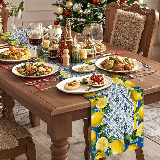Lemon Burlap Table Runner Seasonal Spring Fall Kitchen Dining Linen Table Decoration for Indoor Outdoor Home Party Dinner 13x72 Inch