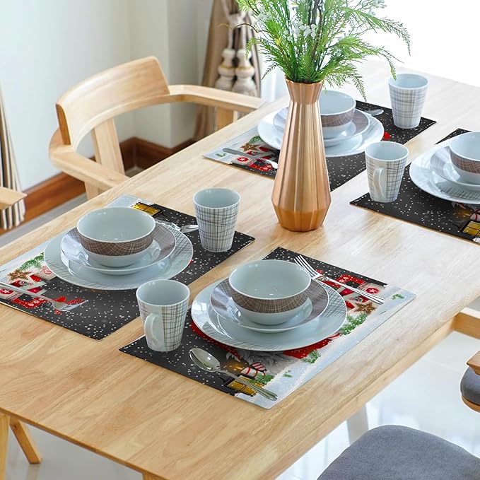 Giwawa Christmas Gnome Placemats, Let It Snow Xmas Elf Reindeer Place Mat for Kitchen Dining, Winter Snowflakes Non-Slip Washable Table Mats for Tabletop Holiday Camping Decor, Set of 4, 12"x18"