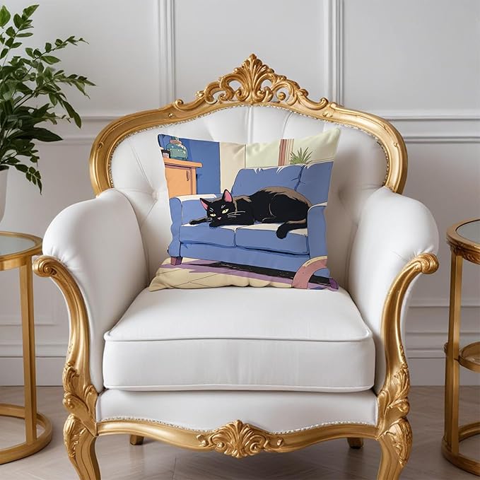 Vintage Black Cat Pillow Covers 18x18, Cats Lovers Lady Gifts, Cat Mom Grandma Gifts, Japanese Anime Black Cats Decorative Pillow Covers for Home Bedroom Living Room Office Decor
