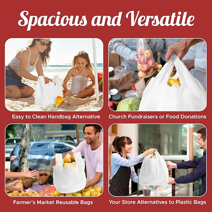 Simply Cool 50 Pack Reusable Eco-Friendly Grocery T-Shirt Shopping Bags 21.5"x12.2"x7.2" Durable, Recyclable Washable Foldable Portable Shopping Tote Bags Bulk