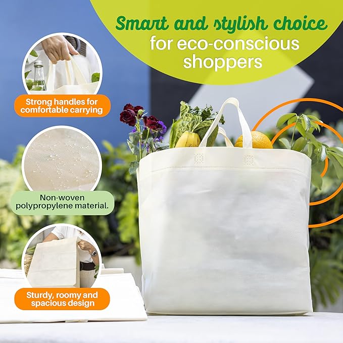 Simply Cool 50 Pack Reusable Eco-Friendly Grocery Shopping Bags 12.6"x6.3"x11.8" Durable, Recyclable, Washable, Foldable, Portable Tote Bags Bulk (50 Pack,Cream)