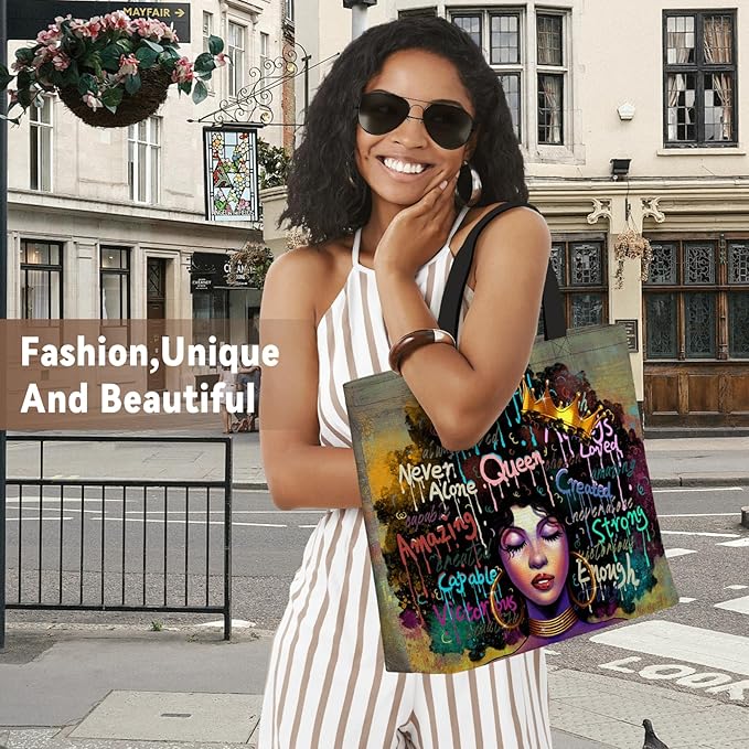 African American Women Tote Bag Black Shoulder Handbag For Women Fit Work Beach Labtops With Zip