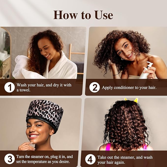 Heat Cap Leopard Thermal Steam Cap - 10-Level Heating for Deep Conditioning Natural and Black Hair at Home