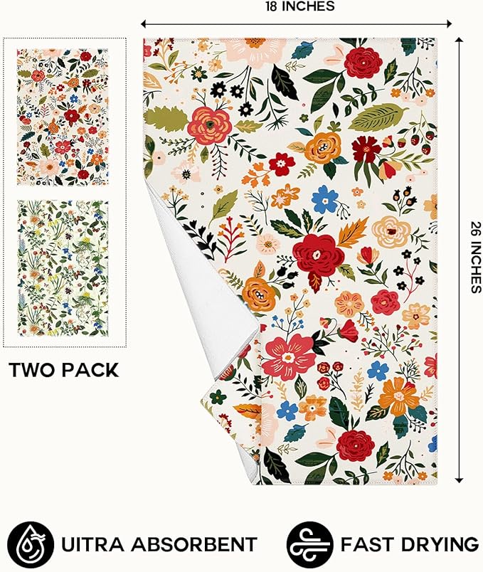 Microfiber Kitchen Towels - Set of 2 Dish Towels for Kitchen 18 x 26 Inch Home Decoration Red Flower Grass Cute Spring Hand Towels Soft & Absorbent Aesthetic Design
