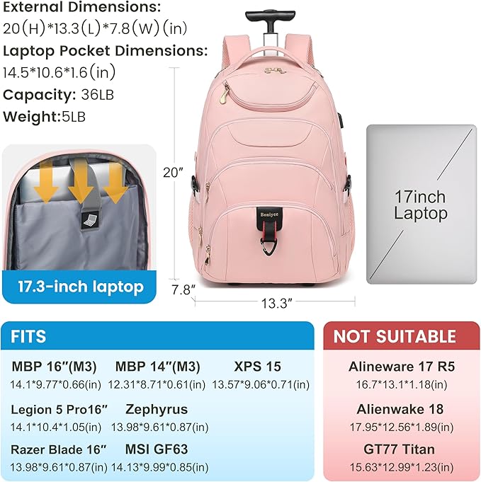 Boavan Rolling Backpack for Women, 17.3 Inch Wheeled Laptop Backpack,Large Travel Carry-On Bag for Teachers College Students, USB Charging Port Waterproof Business for Airplane Overnight Luggage，Pink