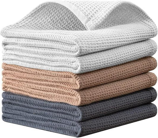 QUILTINA Dish Towels Set,100% Cotton Waffle Weave Kitchen Towels 6 Pack,14 x 14 Inches Dish Towels for Kitchen,Super Absorbent for Drying and Cleaning (Khaki,Light Gray, Dark Grey)