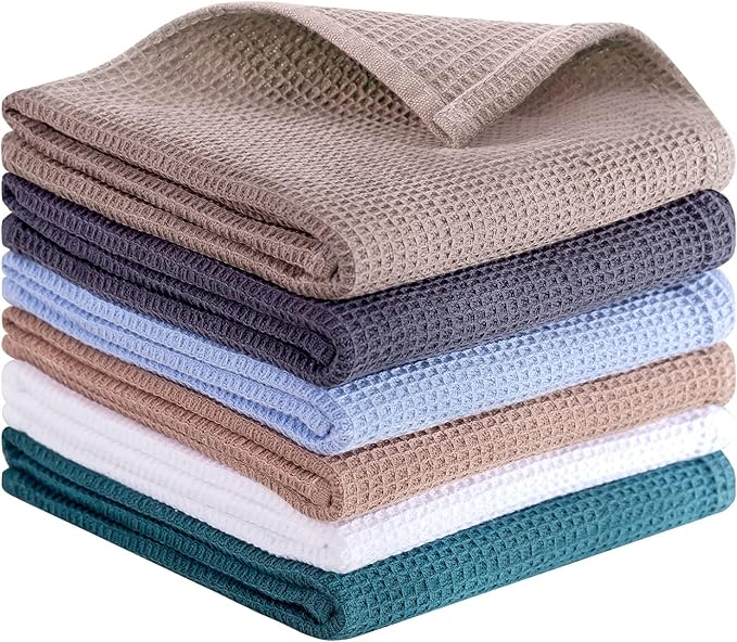 QUILTINA Dish Towels Set,100% Cotton Waffle Weave Kitchen Towels 6 Pack,17 x 25 Inches for Kitchen,Ultra Soft Dish Drying Towels(White, Gray, Light Khaki, Light Blue, Dark Green, Brown)
