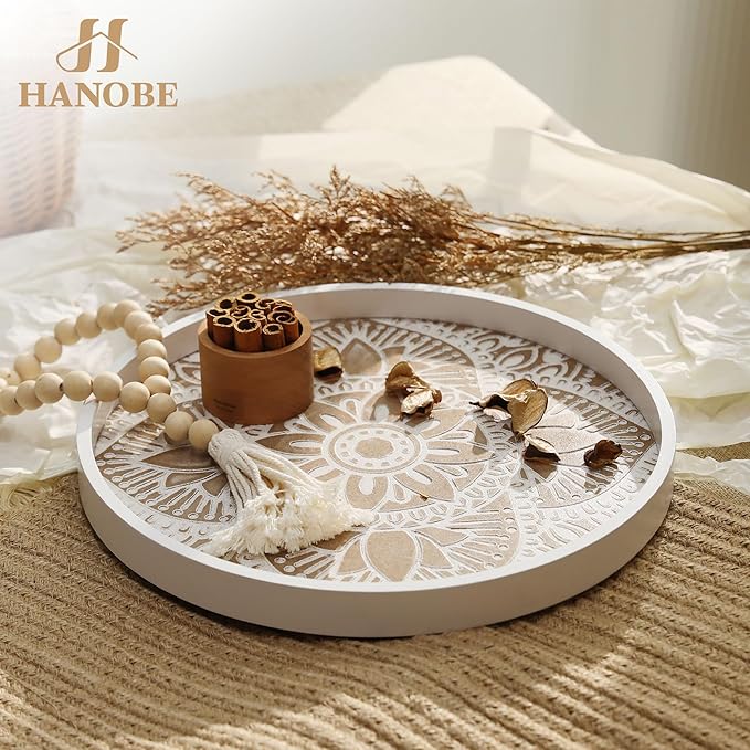 Hanobe Decorative Serving Tray Round: Farmhouse Coffee Table Decor Boho White Mandala Trays for Living Room Kitchen Centerpiece Display