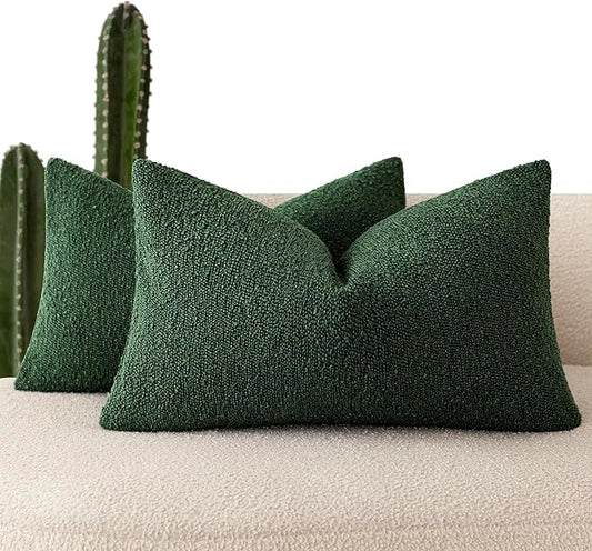 Foindtower Pack of 2 Textured Boucle Throw Pillow Covers Accent Solid Decorative Lumbar Pillow Cases Soft Couch Cushion Case for Chair Sofa Bedroom Living Room Home Decor 12x20 Inch Pine Green
