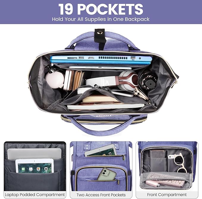 LOVEVOOK Laptop Backpack for Women,17 Inch Professional Womens Travel Backpack Purse Computer Laptop Bag Nurse Teacher Backpack,Waterproof College Work Bag Carry on Back Pack with USB Port,Blue-violet