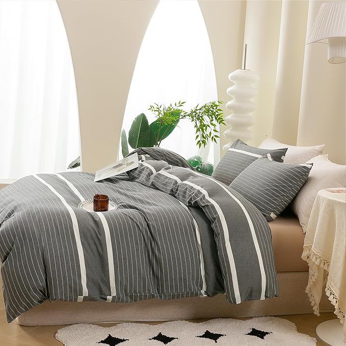 ECOCOTT 3 Pieces Duvet Cover Set King 100% Washed Cotton 1 Duvet Cover with Zipper and 2 Pillowcases, Ultra Soft and Easy Care Breathable Cozy Simple Style Bedding Set(Grey Stripes)
