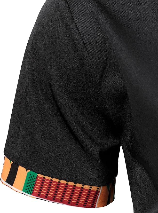 ZEROYAA Men's African Printed Patchwork Design Short Sleeve Button up Shirt