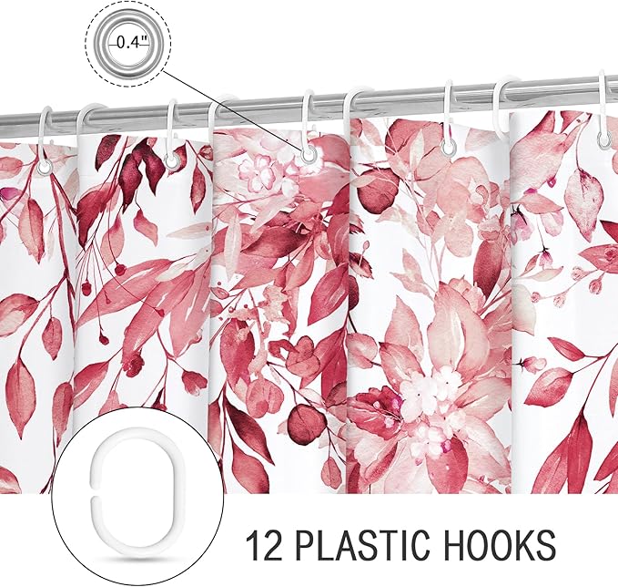 Gibelle Long Shower Curtain 72 x 78, Tall Pink Floral Shower Curtain for Bathroom, Watercolor Plant Eucalyptus Leaves Fabric Shower Curtain Set with Hooks
