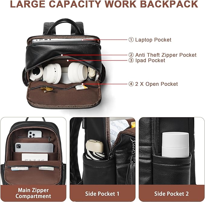 Leather Laptop Backpack for Women, 15.6" Causal Daypack Backpacks Purse Computer Backpack with Laptop Compartment for Travel Work College Business, Black