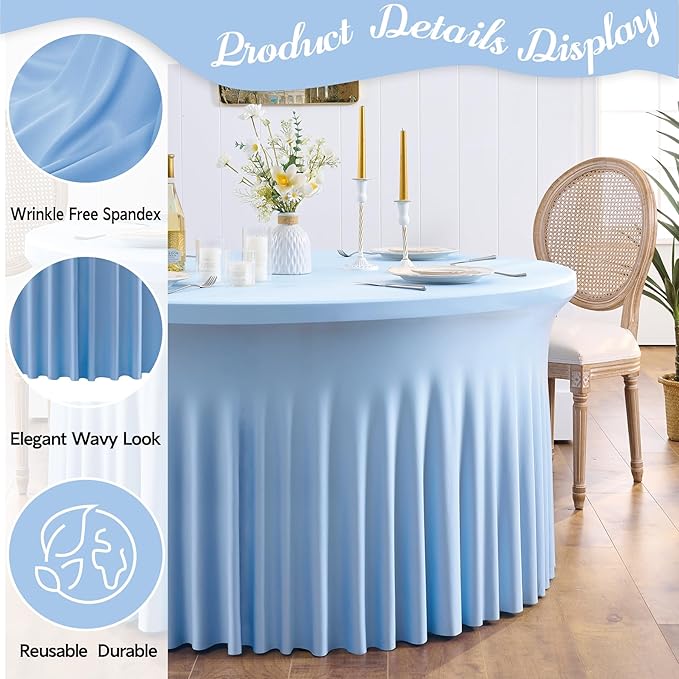 Outpain 6 Pack Spandex Baby Blue Round Tablecloths for 60in Tables, 120Inch Stretchy Fitted 5FT Round Table Clothes,Wrinkle Free Table Cover with Skirt for Wedding Party Dining Banquet