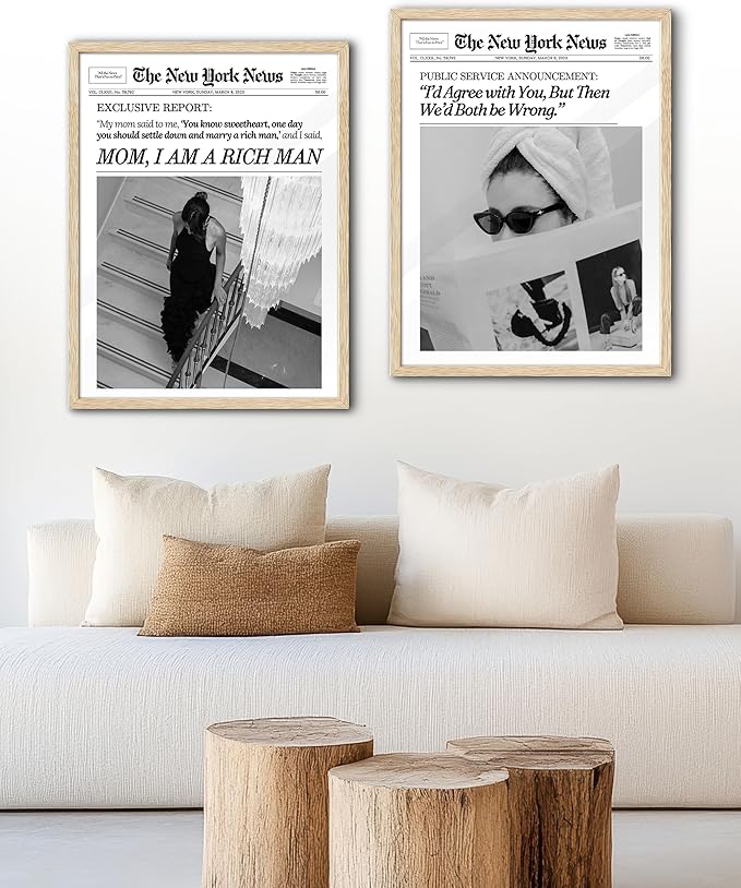 EcoHest Trendy Newspaper Framed Wall Art, 16x20 in Large OAK Wood Cool Girl Canvas Art, Magazine Bar Cart Print College Dorm Decor, Beige Logs Set of 1 for Bedroom Living Room