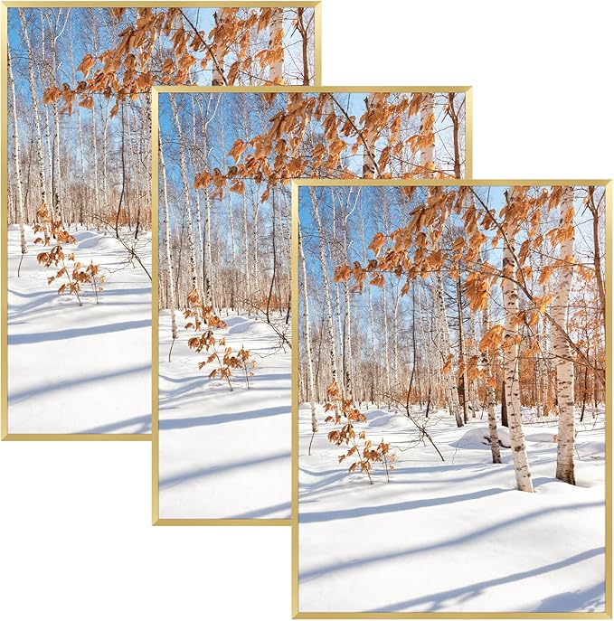 Golden State Art, A2 Aluminum Picture Frame, Gold Metal Thin Poster Frames for 16.5x23.4 inch Photo, Acrylic Front, Wall Hook for Horizontal or Vertical Display, 3 Pack
