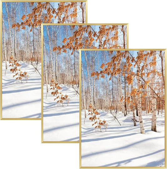Golden State Art, A2 Aluminum Picture Frame, Gold Metal Thin Poster Frames for 16.5x23.4 inch Photo, Acrylic Front, Wall Hook for Horizontal or Vertical Display, 3 Pack
