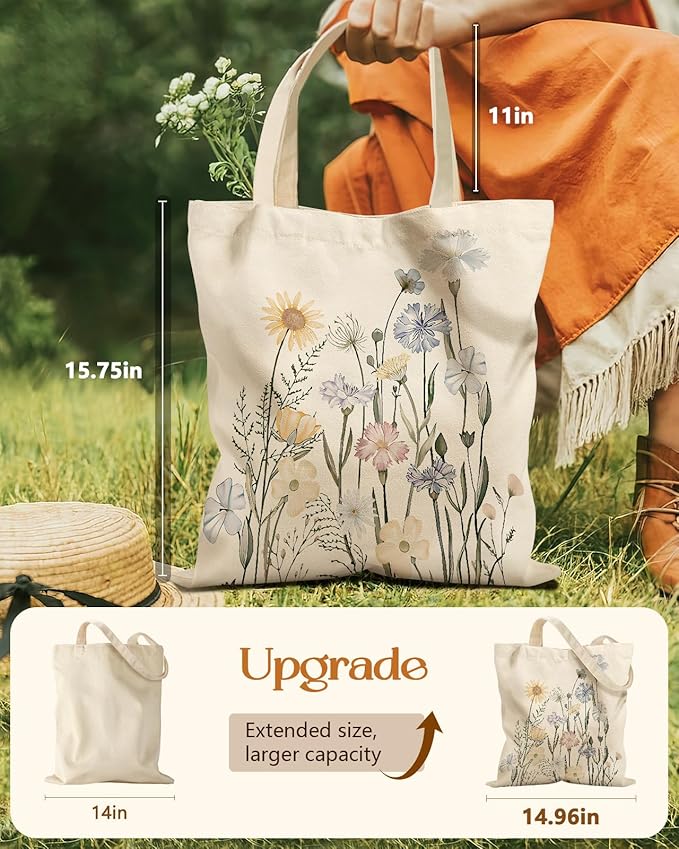 Aesthetic Tote Bag for Girls - with Magnetic Buckle and Zipper Inner Pocket for Women Lady Canvas Cotton Tote Bag