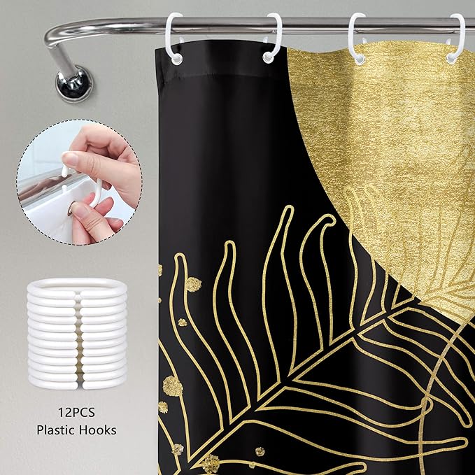 Black Gold Boho Shower Curtain 60Wx72H Mid Century Modern Abstract Leaves Plant Sun Bathroom Decor Minimalist Geometric Arch Line Vintage Aesthetic Bath Curtain Fabric Polyester 12 Pack Hooks