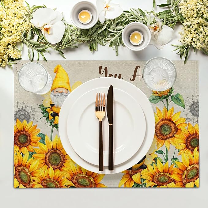 Giwawa Bee Gnomes Placemats Set of 4, 12x18 Inch Vintage Summer Sunflowers Linen Place Mat, Sunshine Floral Heat Resistant Washable Table Mats Kitchen Dining Seasonal Farmhouse Decor