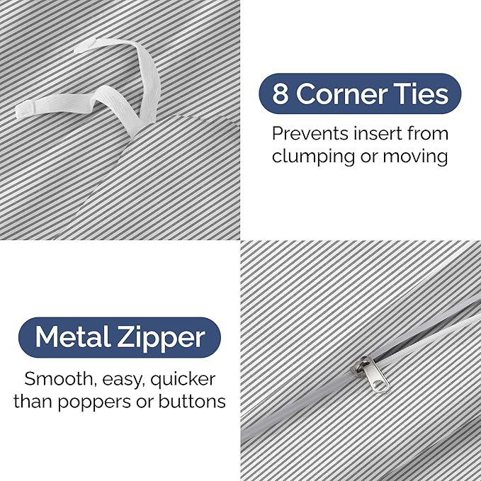 Duvet Cover Full Size Set - Extra Soft Full Size Duvet Cover 80 x 90 with 2 Pillow Shams - Hotel Luxury Easy Care and Fade Free w/Zipper Closures & Ties - Comfy Breathable Bedding Set (Grey Stripes)