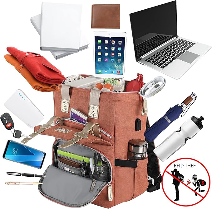 FALANKO Laptop Backpack for Women,15.6 inch Teacher Nurse School Waterproof Backpack,Large Womens Computer Backpack with Laptop Compartment,USD Charging Port,RFID Anti Theft Shoulder Orange Bags