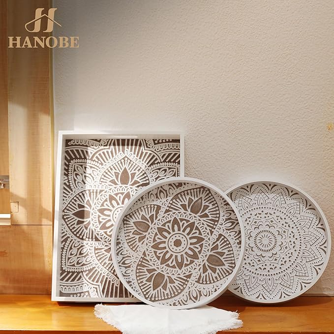 Hanobe Decorative Serving Tray Round: 2Pcs Farmhouse Coffee Table Decor with White Boho Bead Garland - Mandala Trays for Living Room Kitchen Centerpiece Display