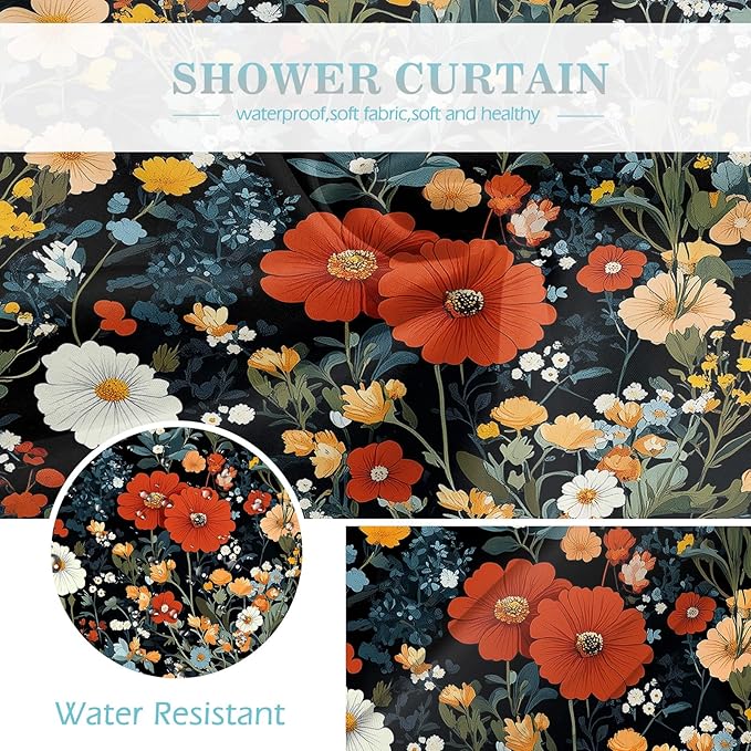 Aimego Black Floral Shower Curtain - Colorful Red Dark Flowers Spring Plants Boho Chic Botanical Leaves Fabric Cloth Bath Shower Curtain Set with 12 Hooks for Bathroom Decor Accessories, 72"x72"