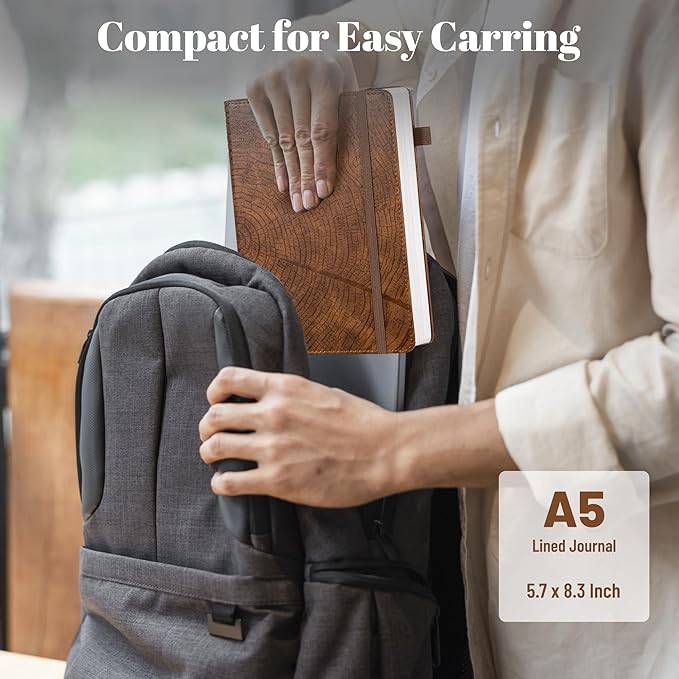 CAGIE Lined Journal for Men Women, Tree Growth Ring Leather Bound Journal Notebook, 256 Pages 100 GSM Journals for Writing, A5 Hardcover Journaling Notebooks,2 Pack (Brown & Khaki)