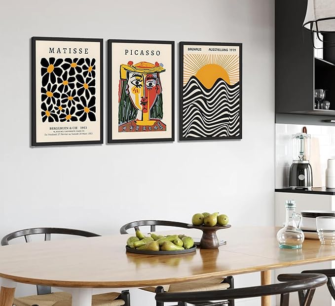 3 Pcs Picasso Matisse Bauhaus Wall Art Set Minimalist Geometric Canvas Paintings Orange Black Modern Minimalist Wall Decor Prints Posters Pictures Living Room Gallery Bedroom Decoration (Unframed,