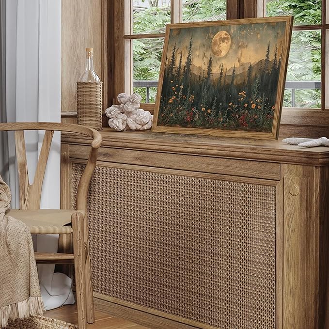 Vintage Moon Forest Wall Art, 3D Textured Nature Landscape Wall Decor Paintings, Hand Drawn Sandstone Woodland Wildflower Picture Prints Artwork for Bedroom Living Room 16x24 inch Wood Framed