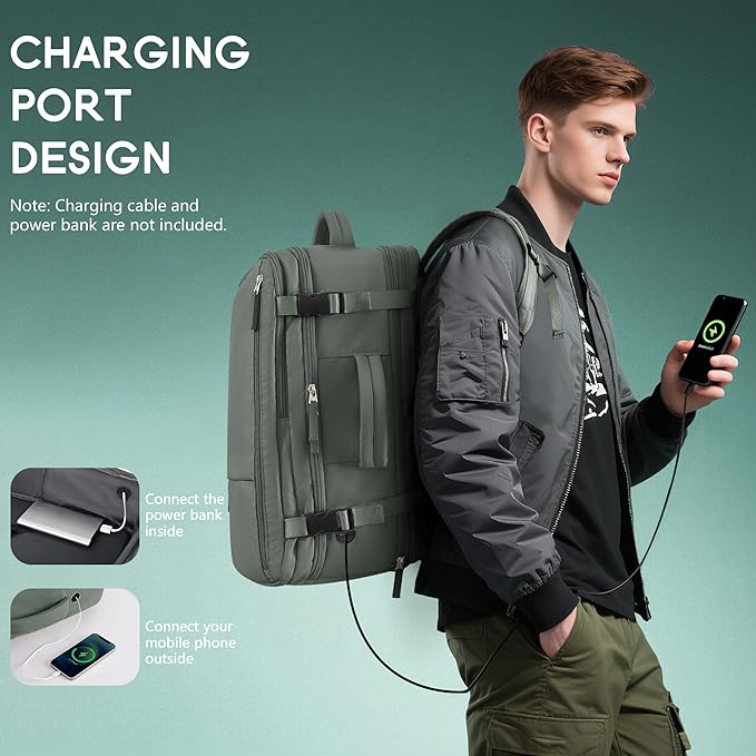 Beraliy Travel Backpack for Men Women, Airline Approved Personal Bag,17.3 Inch Laptop Backpack, Carry On Backpack for Hiking Overnight with USB Charging Hole, Olive-green
