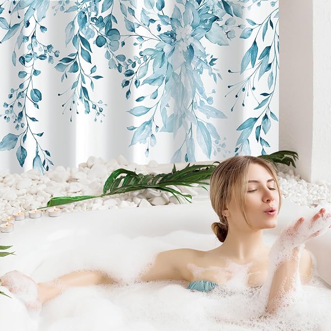 Gibelle Small Stall Shower Curtain 36 x 72, Narrow Half Spa Blue Floral Shower Curtain for Bathroom, Watercolor Plant Eucalyptus Leaves Fabric Shower Curtain Set with Hooks