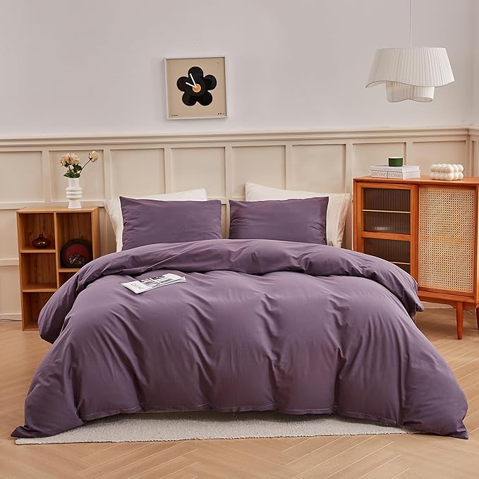 ECOCOTT Lilac Purple Duvet Cover Queen, 100% Washed Cotton 3 Piece Duvet Cover Sets 1 Duvet Cover with Zipper and 2 Pillowcases Bedding Set(Lilac Purple,Queen)