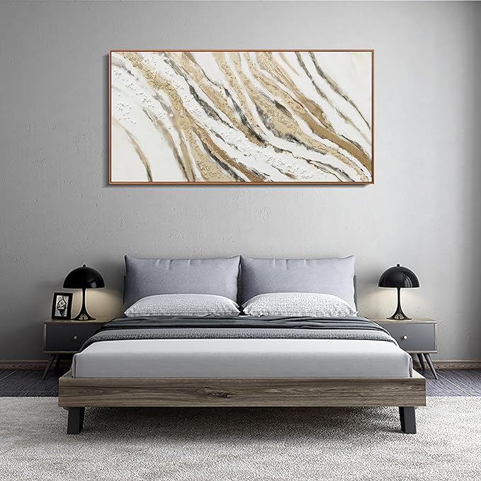 Abstract Wall Art Framed Artwork Abstract Painting With Golden And White Lines Decor Modern Canvas Wall Decor Suitable For Bedroom Apartment Office Dining Room Wall Decor Can Be Hang 24"X48"