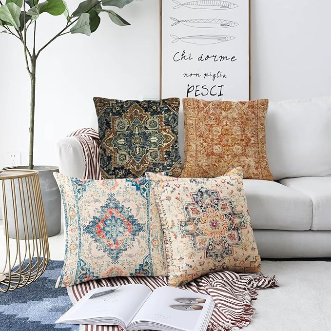 Boho Throw Pillow Covers 20x20 inch Set of 2,Bohemian Vintage Carpet Pattern Antique Ethnic Decor Double Sided Pattern Cushion Cover Soft Pillow Case Living Sofa Room Bed Square Pillow Cover