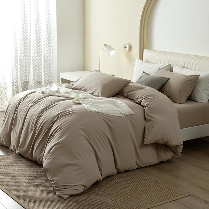JIYUAN 100% Washed Cotton Duvet Cover Set 3 Pieces Super Queen, 1 Duvet Cover 90x98 Inches(Comforter Not Included) and 2 Pillowcases,Linen Feel Bedding Set Comfy and Breathable,Khaki