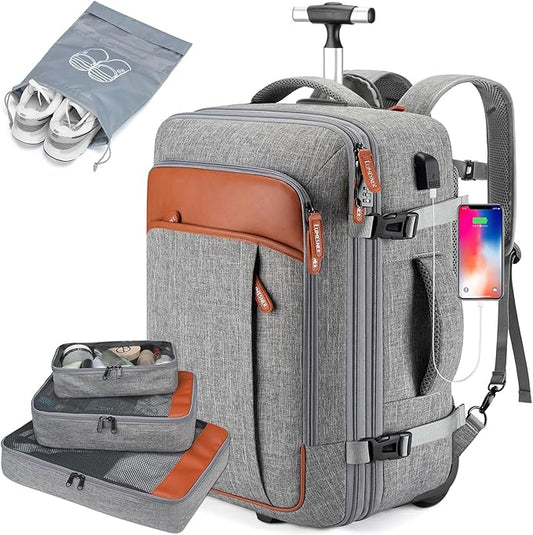 Rolling Backpack for Men and Women, Extra Large 42L Travel Backpack with Wheels, 17.3 Inch Carry-On Laptop Backpack with 4 packing cubes for Business and Work, Large Capacity Rolling Bag(Grey)