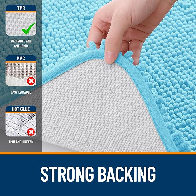 OLANLY Bathroom Rugs 47x24, Extra Soft Absorbent Chenille Bath Rugs, Rubber Backing Quick Dry, Machine Washable Bath Mats for Bathroom Floor, Tub and Shower, Home Decor Accessories, Sky Blue