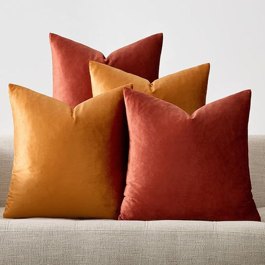 GIGIZAZA Velvet Burnt Orange Pillow Covers 18x18，Pack of 4 Decorative Throw Pillow Soft Covers Square Couch Pillow Modern Covers Living Room Luxury Cushion Covers