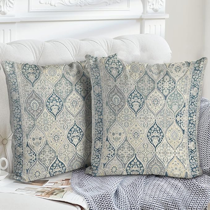 Boho Floral Throw Pillow Covers 16x16 inch Set of 2,Blue Boho Rug Geometric Floral Pattern Decor Double Sided Pattern Cushion Cover Soft Pillow Case Living Sofa Room Bed Square Pillow Cover