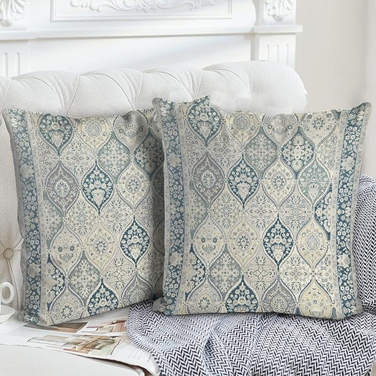 Boho Floral Throw Pillow Covers 16x16 inch Set of 2,Blue Boho Rug Geometric Floral Pattern Decor Double Sided Pattern Cushion Cover Soft Pillow Case Living Sofa Room Bed Square Pillow Cover