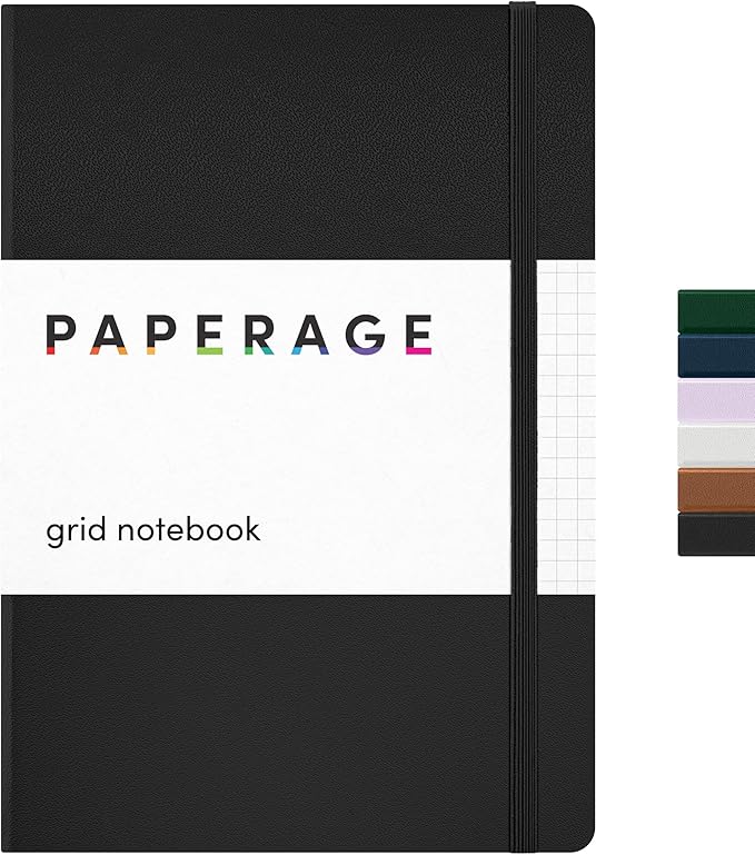 PAPERAGE Graph Paper Journal Notebook, (Black), 160 Pages, Medium 5.6 in x 8 in - 100 GSM Thick Paper – Hardcover Grid Notebook for Work or School
