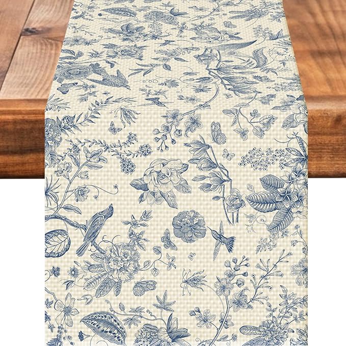 Blue Flower Burlap Table Runner Seasonal Spring Fall Kitchen Dining Linen Table Decoration for Indoor Outdoor Home Party Dinner 13x72 Inch