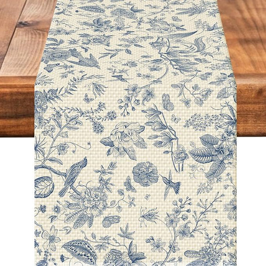 Blue Flower Burlap Table Runner Seasonal Spring Fall Kitchen Dining Linen Table Decoration for Indoor Outdoor Home Party Dinner 13x72 Inch