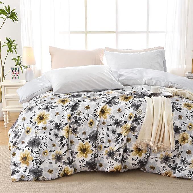 MUXHOMO Duvet Cover Queen Size, Reversible Floral Vintage Duvet Cover Set with Zipper Closure, 3 Pieces Botanical Patterns Soft Microfiber Bedding Set (90"x90", 2 Pillow Cases, Yellow Grey Flower)
